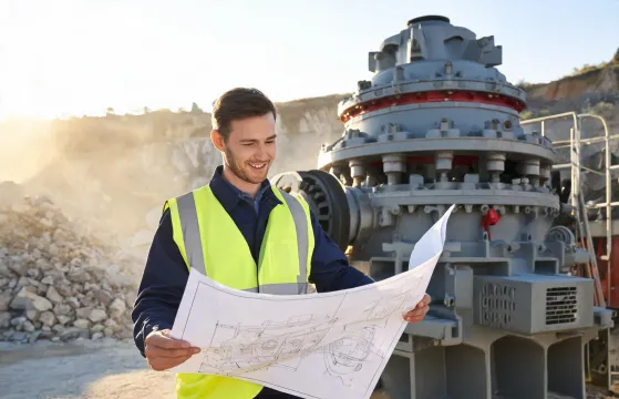 Metso application engineer reviewing crusher drawings on site
