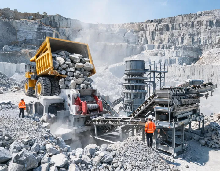 Metso cone crusher and vibrating screen in limestone quarry
