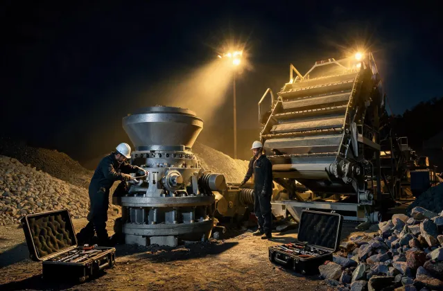 Night-shift technicians servicing cone crusher under floodlights