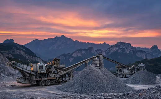 Mobile jaw and cone plant feeding highway aggregate stockpiles